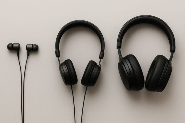 Kopfhörer-Typen im Vergleich: In-Ear, On-Ear und Over-Ear nebeneinander Vergleich von In-Ear-, On-Ear- und Over-Ear-Kopfhörern nebeneinander auf hellem Hintergrund