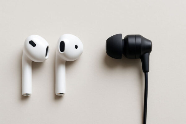 Vergleich: Earbuds und In-Ear-Kopfhörer nebeneinander Earbuds vs. In-Ear im direkten Größen- und Formvergleich auf hellem Hintergrund