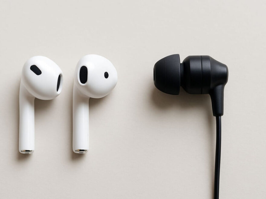 Earbuds vs. In-Ear im direkten Größen- und Formvergleich auf hellem Hintergrund