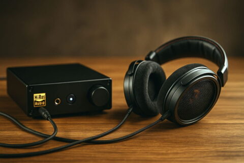Hi-Res Audio Setup mit DAC und Over-Ear-Kopfhörer auf Tisch