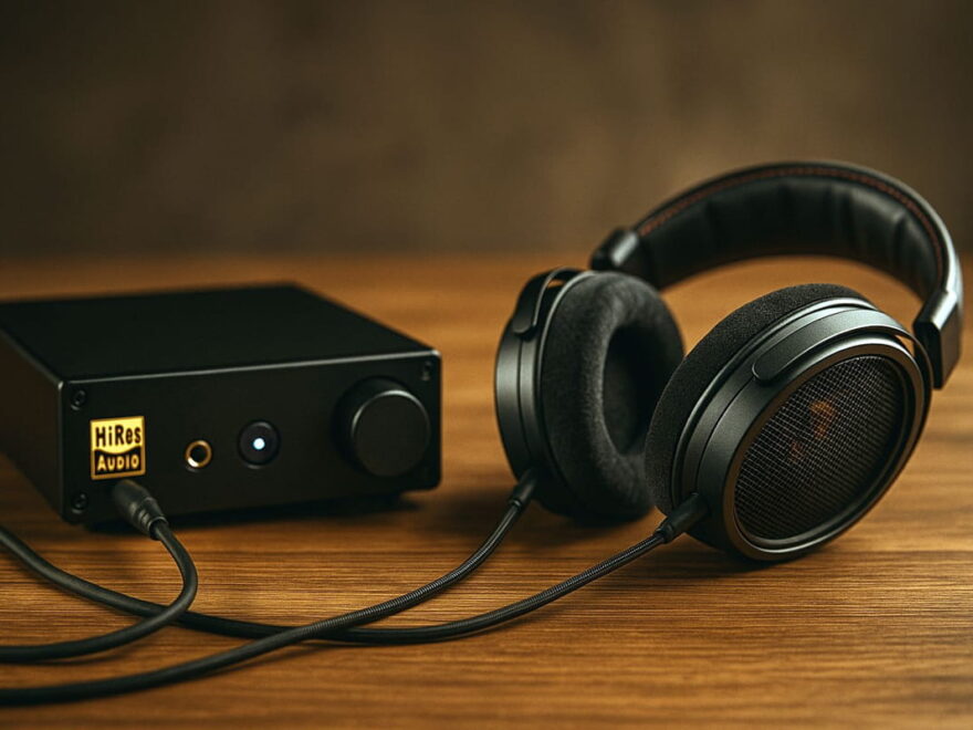 Hi-Res Audio Setup mit DAC und Over-Ear-Kopfhörer auf Tisch