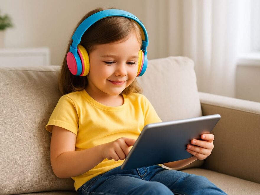 Kind mit bunten Kinderkopfhörern nutzt ein Tablet