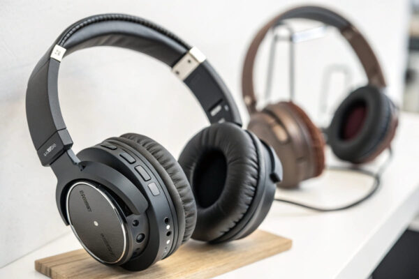 Auswahl moderner Over-Ear-Kopfhörer im Überblick Verschiedene Over-Ear-Kopfhörer im Vergleich auf Holztisch