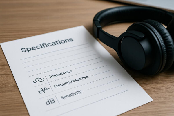 Kopfhörer-Datenblatt mit technischen Angaben wie Impedanz und Frequenzgang