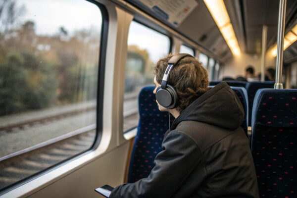 Kopfhörer-Typ mit Geräuschdämmung: Over-Ear im Einsatz bei Umgebungsgeräuschen Kopfhörer-Typ mit starker Geräuschdämmung: Person mit Over-Ear-Kopfhörer in lauter Umgebung