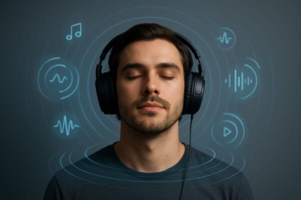 Was ist Spatial Audio? Darstellung des 3D-Klangerlebnisses über Kopfhörer Spatial Audio visuell erklärt mit 3D-Klängeffekt um Kopfhörer