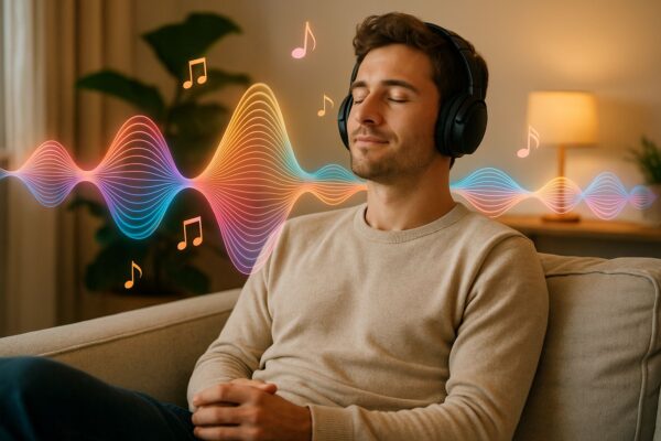 Spatial Audio beim Musikhören – entspanntes 3D-Klangerlebnis mit Kopfhörern Person hört Musik mit Spatial Audio über Kopfhörer in entspannter Umgebung