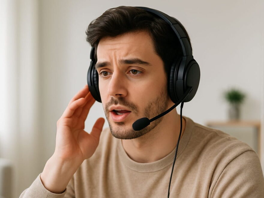 Junge Person mit Kopfhörer zum Telefonieren bei einem Anruf im Home-Office