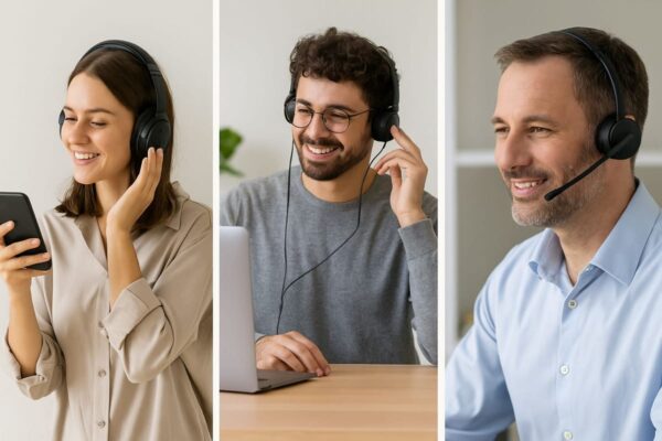 Bluetooth, Kabel oder DECT – Verbindungsmöglichkeiten fürs Telefonieren im Vergleich Drei Personen nutzen verschiedene Kopfhörer zum Telefonieren: Bluetooth, Kabel und DECT