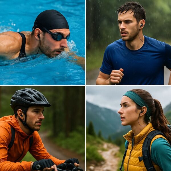 Wasserdichte Kopfhörer für Schwimmen, Laufen und Outdoor-Aktivitäten Wasserdichte Kopfhörer bei Sportarten wie Schwimmen, Joggen und Wandern im Einsatz
