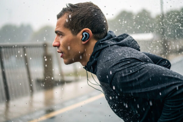 Kabellose wasserdichte Kopfhörer beim Sport verwenden Wasserdichte Kopfhörer beim Joggen im Regen im Einsatz
