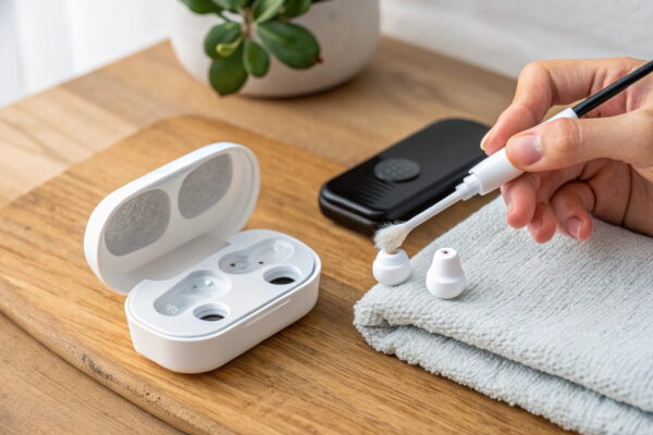 Kopfhörer zu leise: So hilft eine gründliche Reinigung gegen Lautstärkeverlust Kopfhörer zu leise – Reinigung eines In-Ear-Kopfhörers mit Wattestäbchen
