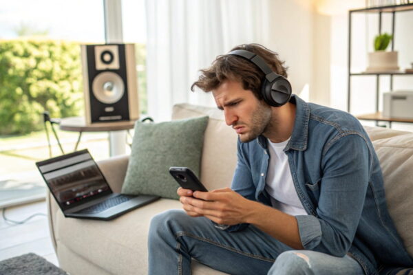 Kopfhörer zu leise: Erste Schnellchecks bei Lautstärkeproblemen Kopfhörer zu leise – junger Mann prüft Smartphone und Musikquelle