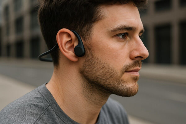 Open-Ear Kopfhörer – Bauweise und Funktionsweise im Detail Open-Ear Kopfhörer auf den Ohren mit freiem Gehörgang in realistischer Nahaufnahme