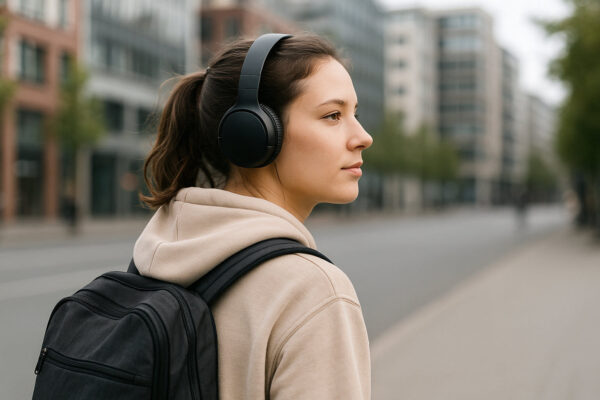 On-Ear Kopfhörer unterwegs in der Stadt getragen