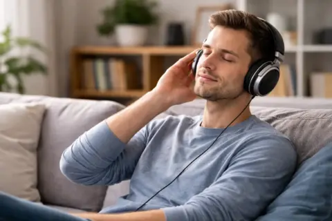 Person hört zu Hause Musik mit Over-Ear-Kopfhörer