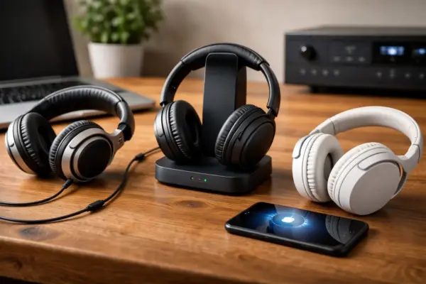 Signalwege bei Kopfhörern: Kabel, Funk und Bluetooth im Überblick Kopfhörer mit kabelgebundenem Anschluss, Funkstation und Bluetooth-Verbindung im Vergleich