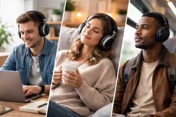 Menschen nutzen Over-Ear-Kopfhörer im Alltag in verschiedenen Situationen