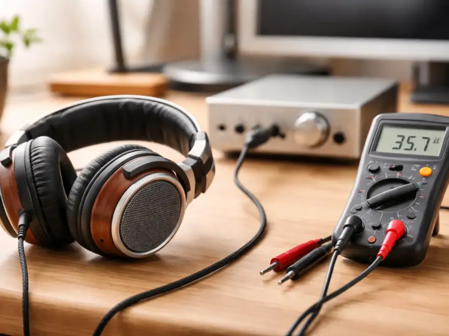 Kopfhörer mit Messgerät zur Darstellung der Impedanz in Ohm