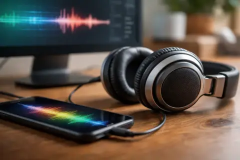 Kopfhörer erzeugt Schall durch schwingende Membran – Darstellung von Frequenzen und Lautstärke
