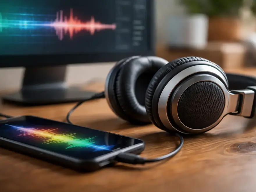 Kopfhörer erzeugt Schall durch schwingende Membran – Darstellung von Frequenzen und Lautstärke