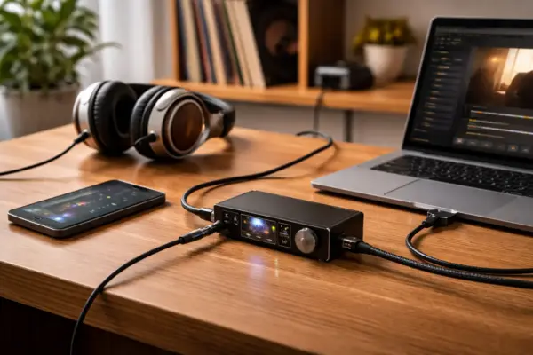 Hi-Res Audio Kette aus Smartphone, DAC, Laptop und Kopfhörer