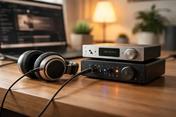 DAC und Kopfhörerverstärker auf Schreibtisch mit angeschlossenem Kopfhörer