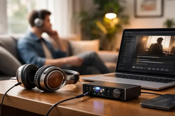 Kopfhörer und DAC bei der Wiedergabe von Hi-Res Audio am Laptop