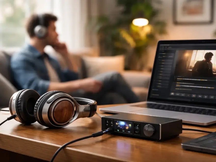 Kopfhörer und DAC bei der Wiedergabe von Hi-Res Audio am Laptop