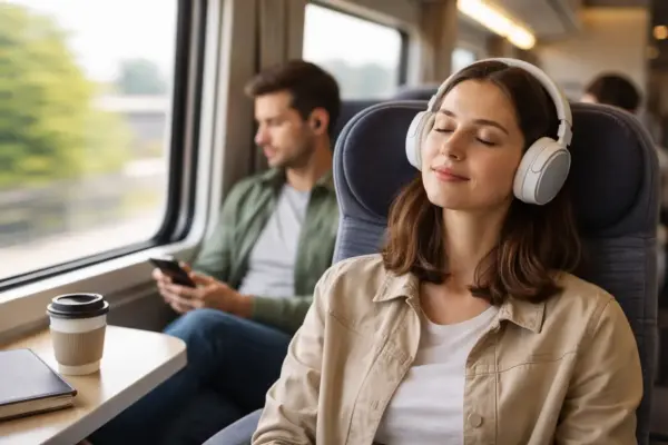 Abschirmung durch Kopfhörer im Alltag – unterwegs im Zug Frau mit Over-Ear-Kopfhörern im Zug, abgeschirmt von Umgebungsgeräuschen