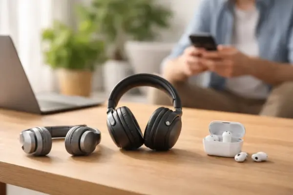 On-Ear, Over-Ear und In-Ear – die drei Kopfhörer-Bauformen On-Ear, Over-Ear und In-Ear: Kopfhörer-Bauform im direkten Vergleich auf einem Tisch