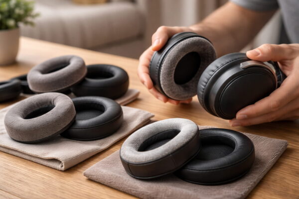 Ohrpolster für Kopfhörer aus Velours und Kunstleder im direkten Vergleich