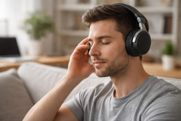 Mann trägt Over-Ear-Kopfhörer – Gewicht und Anpressdruck beeinflussen den Kopfhörer-Tragekomfort