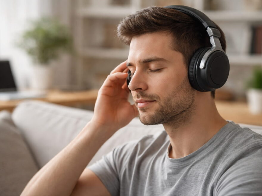 Mann trägt Over-Ear-Kopfhörer – Gewicht und Anpressdruck beeinflussen den Kopfhörer-Tragekomfort