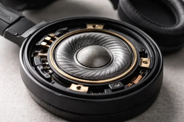 Kopfhörer-Technik: Detailaufnahme eines modernen Kopfhörer-Treibers mit fein strukturierter Membran
