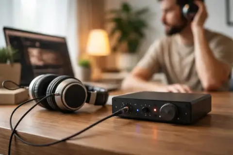 Kopfhörerverstärker auf Schreibtisch mit angeschlossenem Kopfhörer und Laptop