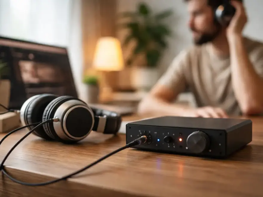 Kopfhörerverstärker auf Schreibtisch mit angeschlossenem Kopfhörer und Laptop