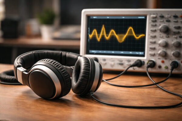 Bass und Frequenzen bei Kopfhörern technisch erklärt Kopfhörer neben Messgerät mit sichtbarer Frequenzkurve zur Veranschaulichung von Bass und tiefen Frequenzen
