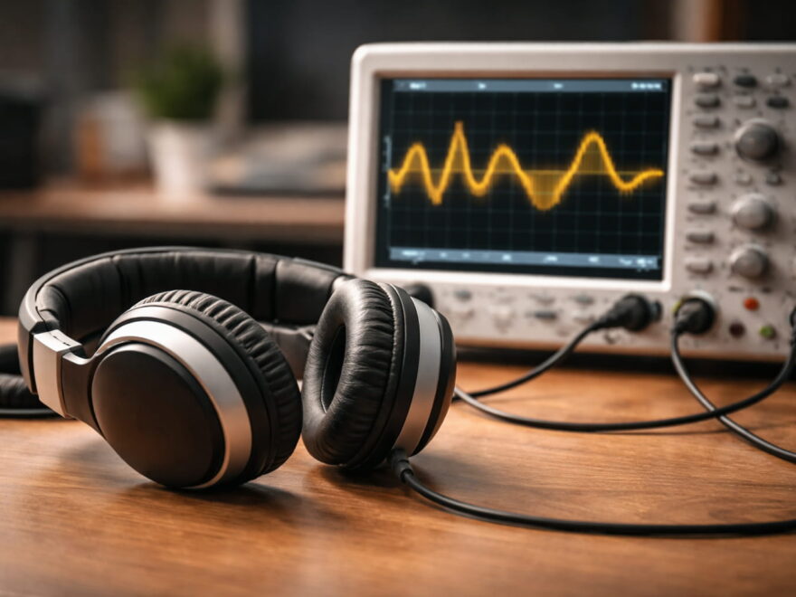 Kopfhörer neben Messgerät mit sichtbarer Frequenzkurve zur Veranschaulichung von Bass und tiefen Frequenzen