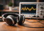 Kopfhörer neben Messgerät mit sichtbarer Frequenzkurve zur Veranschaulichung von Bass und tiefen Frequenzen