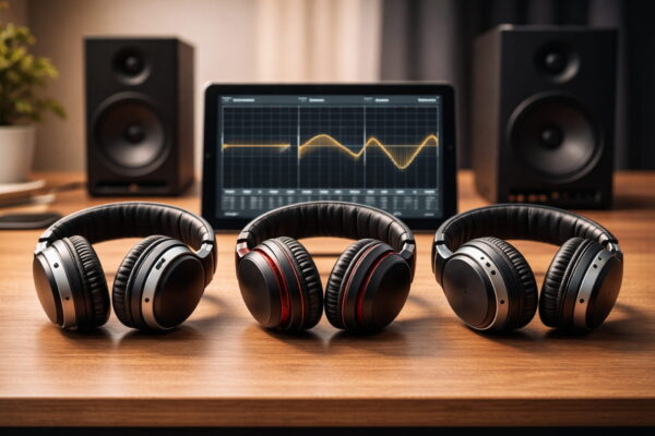 Abstimmung von Kopfhörern: Neutral, Bass oder V-Shape Drei Kopfhörer mit unterschiedlicher Abstimmung von neutral bis bassbetont zur Darstellung von Bass und Klangprofilen