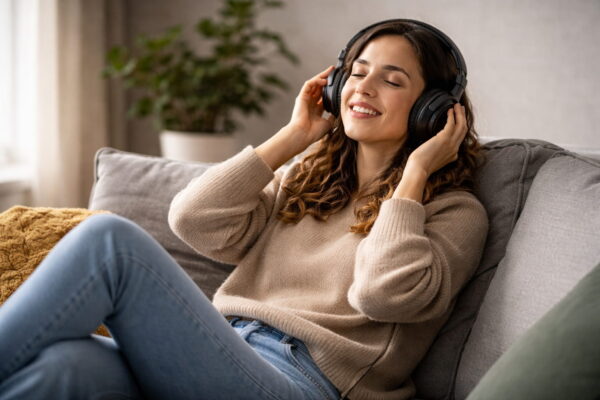Ausgewogene Mitten und Höhen bei Kopfhörern sorgen für entspannten Hörgenuss Frau hört entspannt Musik mit ausgewogenen Mitten und Höhen bei Kopfhörern auf einer Couch