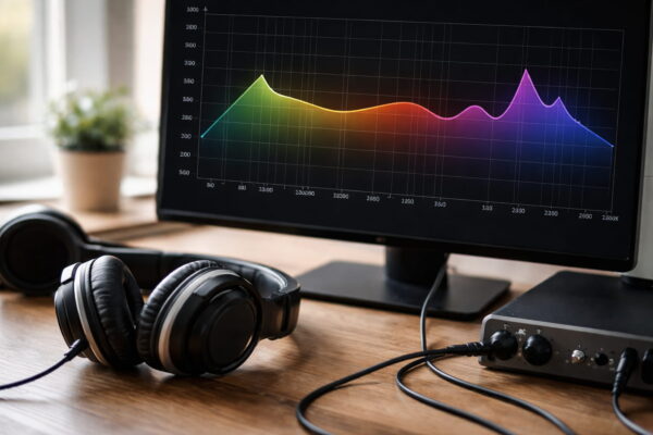 Frequenzbereiche von Mitten und Höhen bei Kopfhörern anschaulich erklärt Mitten und Höhen bei Kopfhörern dargestellt als Frequenzverlauf auf einem Monitor mit angeschlossenen Over-Ear-Kopfhörern