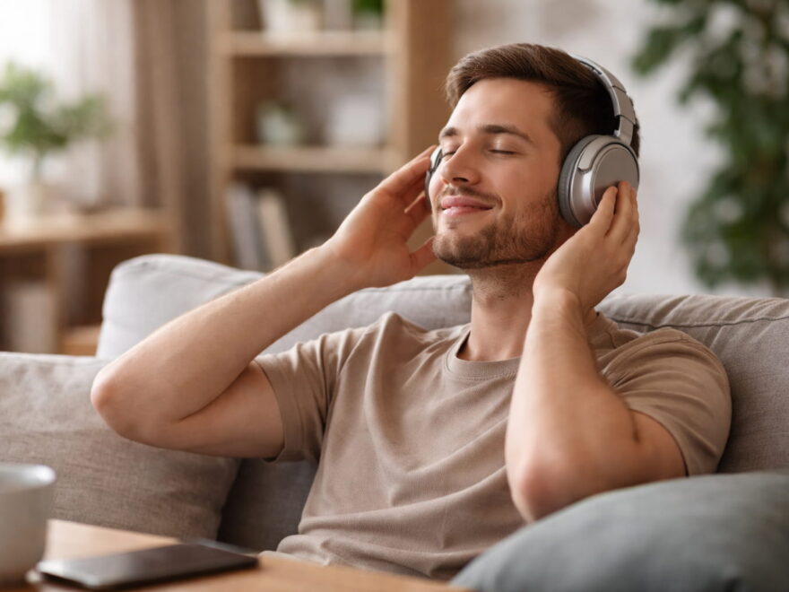 Mann hört entspannt Musik mit Over-Ear-Kopfhörern als Beispiel für ermüdungsfreien Klang