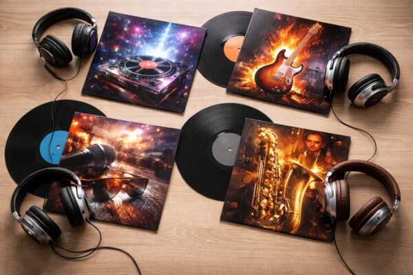 Subbass und Midbass je nach Musikgenre Verschiedene Musikgenres mit Kopfhörern und Schallplatten als Beispiel für Subbass und Midbass in der Praxis