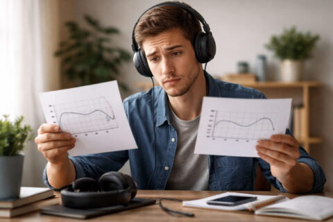 Mann vergleicht Frequenzdiagramme von Kopfhörern zur Unterscheidung von Subbass und Midbass