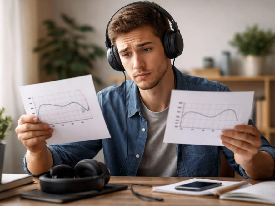 Mann vergleicht Frequenzdiagramme von Kopfhörern zur Unterscheidung von Subbass und Midbass
