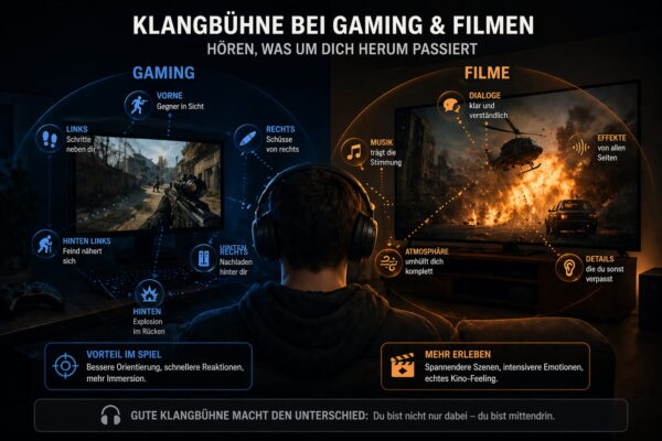 Darstellung von räumlichem Klang bei Gaming und Filmen mit Kopfhörern zur besseren Ortung und Immersion