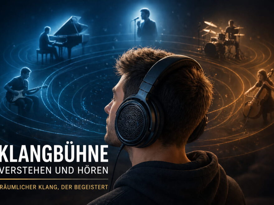Klangbühne bei Kopfhörern mit räumlicher Darstellung von Musik und Instrumenten um den Hörer