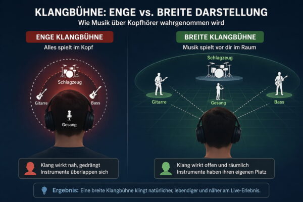 Vergleich von enger und breiter Klangbühne bei Kopfhörern mit räumlicher Darstellung von Instrumenten